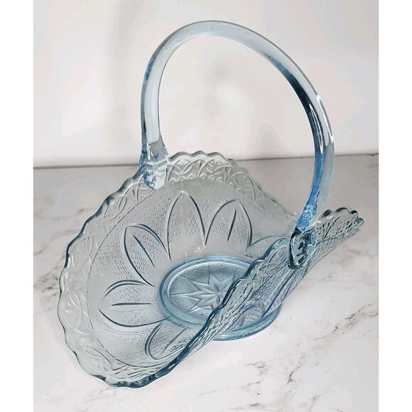 Fenton Blue Glass Basket with Handle – Daisy & Button / Starburst Pattern – - Picture 7 of 16